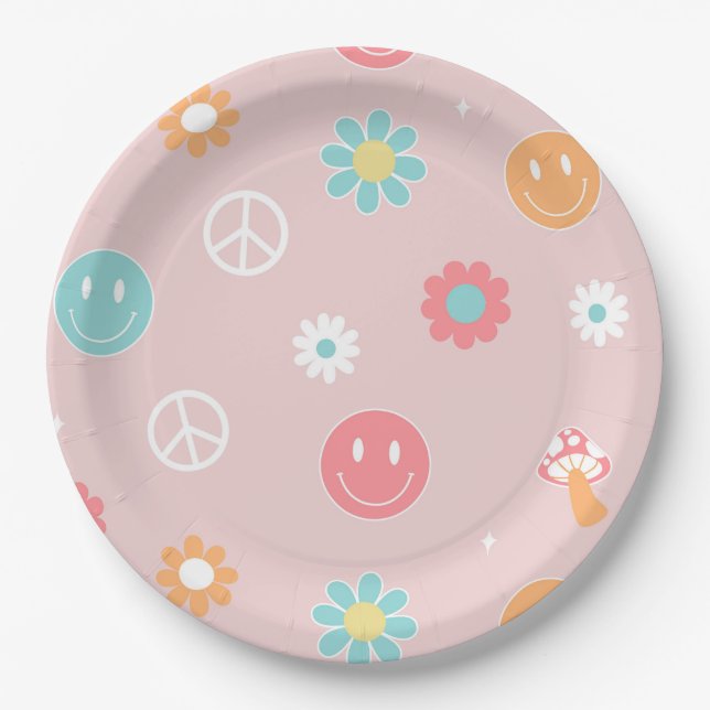 Groovy One Retro Boho Birthday Party Paper Plates  (Front)