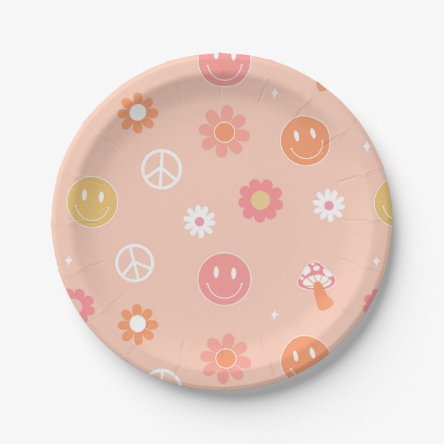 Groovy One Retro Boho Birthday Party Paper Plates  (Front)