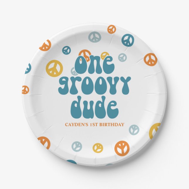 Groovy One Retro Boy birthday Paper Plates (Front)