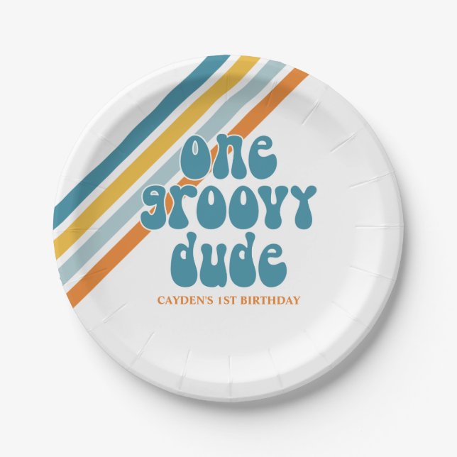 Groovy One Retro Boy birthday Paper Plates (Front)