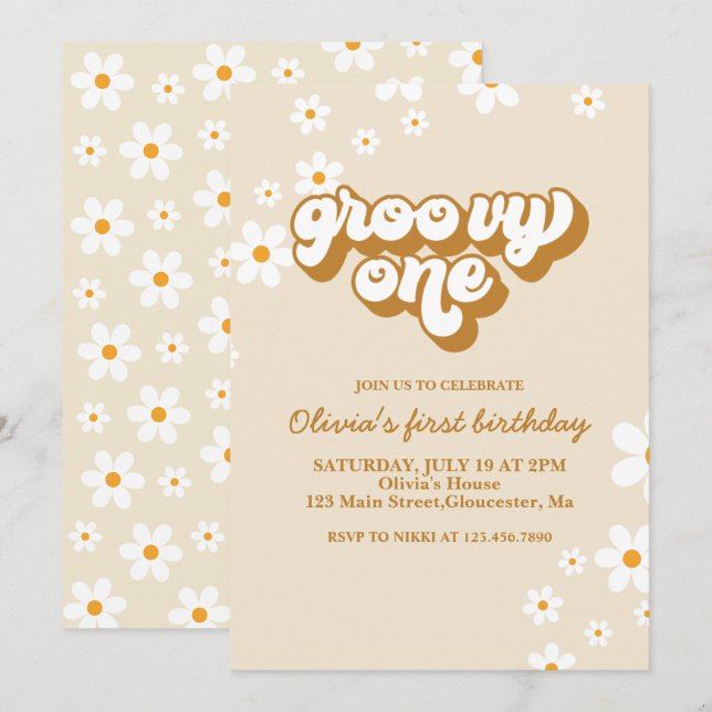 Groovy One Retro Daisy 1st Birthday Invitation (Front/Back)