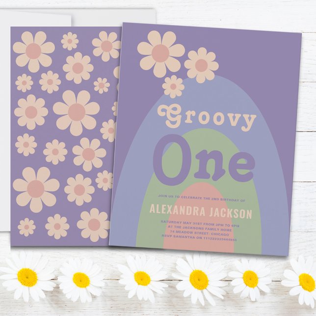 Groovy One Retro Daisy 1st Birthday Party (Groovy one retro daisy arch pastel purple blue green and pink 1st birthday party invitation )