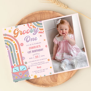 Groovy One Retro Daisy 1st Birthday Party Photo  Invitation