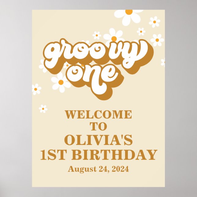 Groovy One Retro Daisy 1st Birthday Welcome Poster (Front)