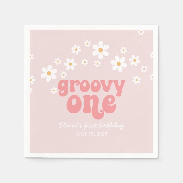 Groovy One Retro daisy boho floral first birthday Napkin (Front)
