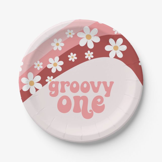 Groovy One Retro daisy boho floral first birthday Paper Plate (Front)