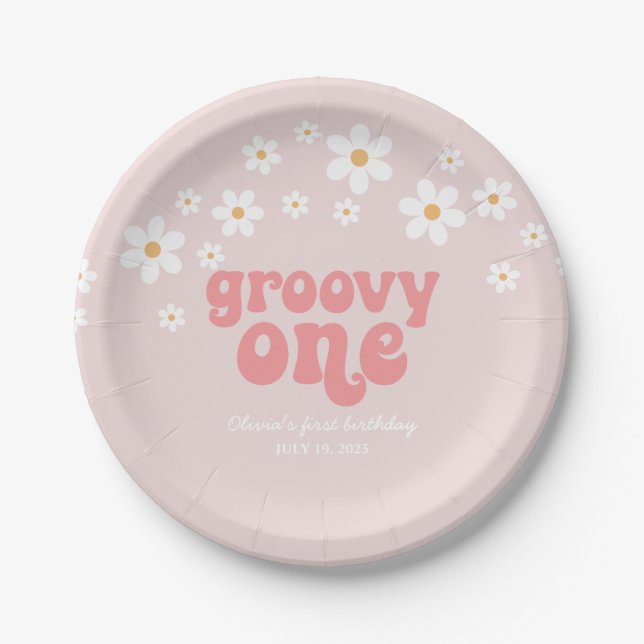 Groovy One Retro daisy boho floral first birthday Paper Plate (Front)