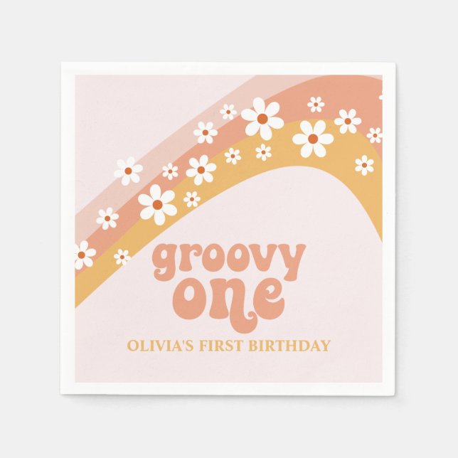 Groovy One Retro Daisy Boho Rainbow Napkins (Front)