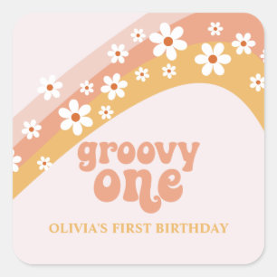 groovy one Retro Daisy Boho Rainbow Square Sticker