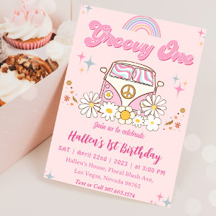 Groovy One Retro Daisy Rainbow First Birthday Invitation