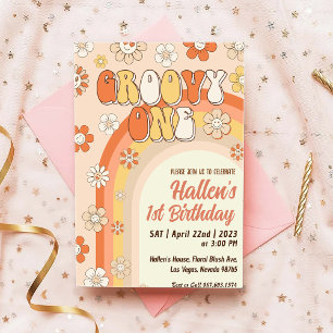 Groovy One Retro Daisy Rainbow First Birthday Invitation