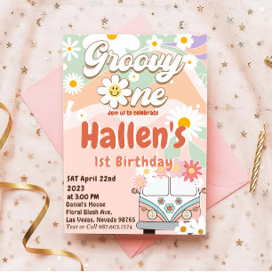Groovy One Retro Daisy Rainbow First Birthday Invitation