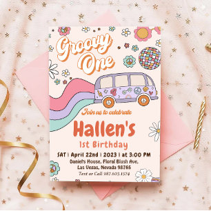 Groovy One Retro Daisy Rainbow First Birthday Invitation