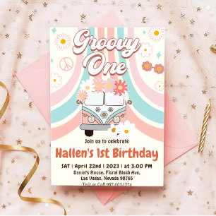 Groovy One Retro Daisy Rainbow First Birthday Invitation
