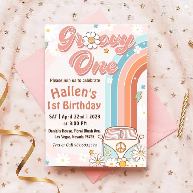 Groovy One Retro Daisy Rainbow First Birthday Invitation (Creator Uploaded)