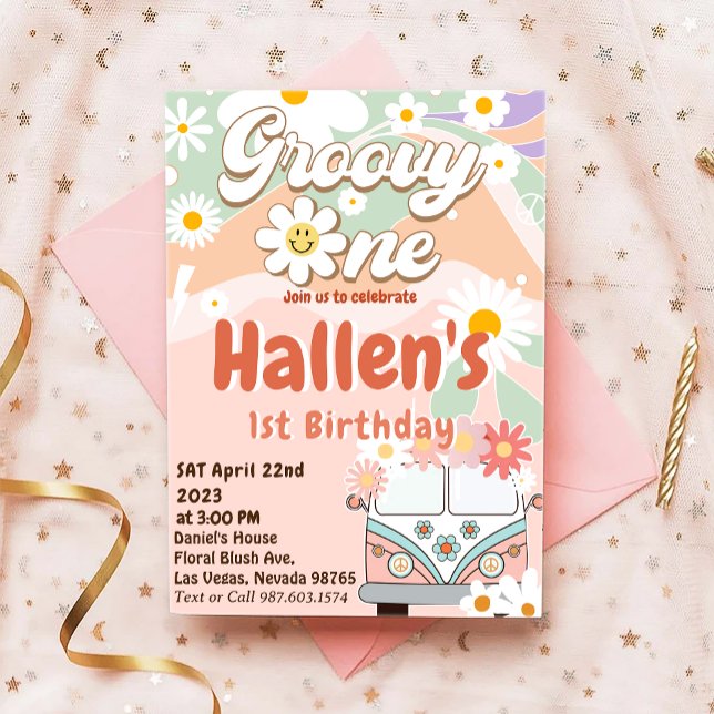 Groovy One Retro Daisy Rainbow First Birthday Invitation (Creator Uploaded)