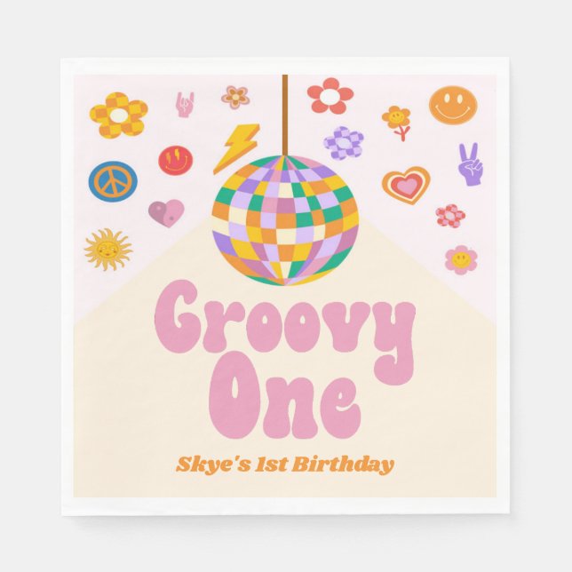 Groovy One Retro Disco Ball 1st Birthday Party Napkin (Front)