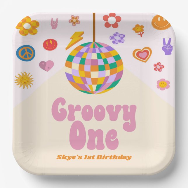 Groovy One Retro Disco Ball 1st Birthday Party Paper Plate (Front)