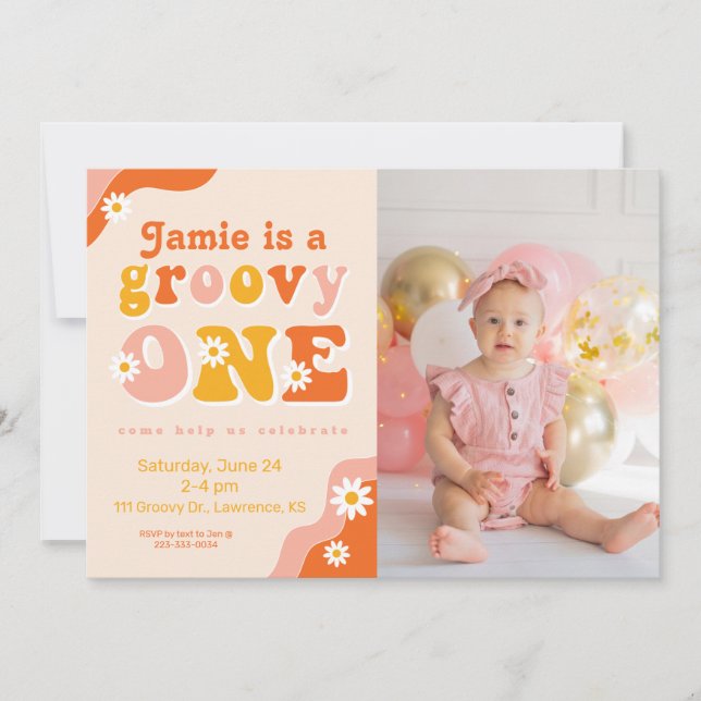 Groovy One Retro First Birthday Photo Invitation (Front)