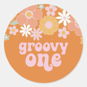 Groovy One Retro Floral Birthday Banner Classic Round Sticker