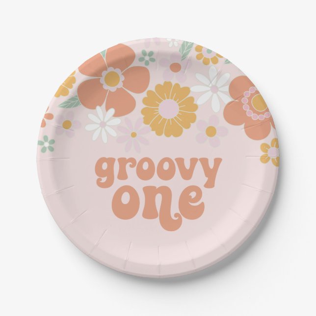Groovy One Retro Floral birthday Paper Plates (Front)