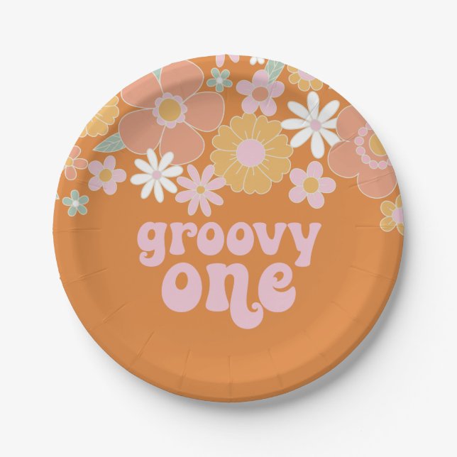 Groovy One Retro Floral birthday Paper Plates (Front)