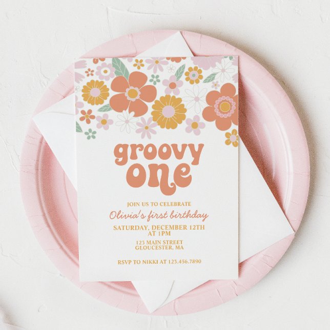 Groovy One Retro Floral first birthday Invitation (Creator Uploaded)