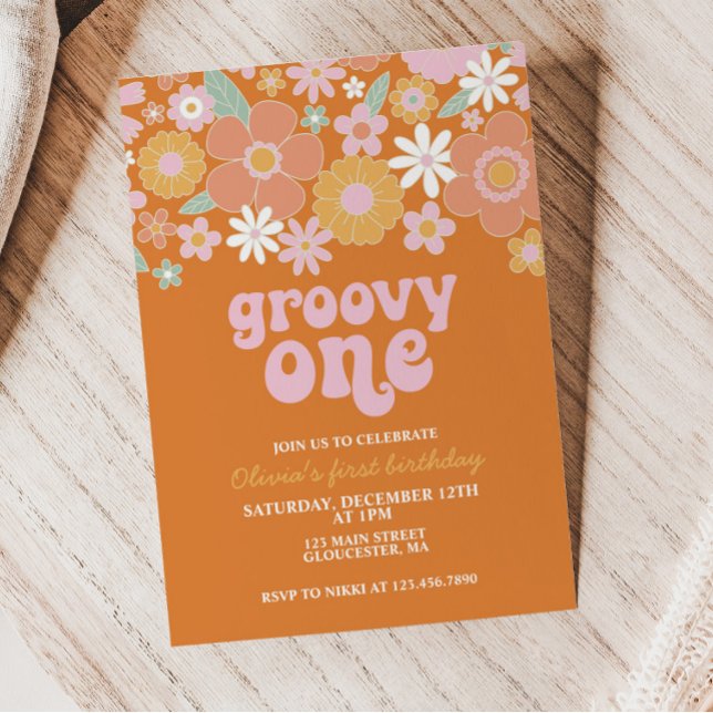 Groovy One Retro Floral first birthday Invitation (Creator Uploaded)