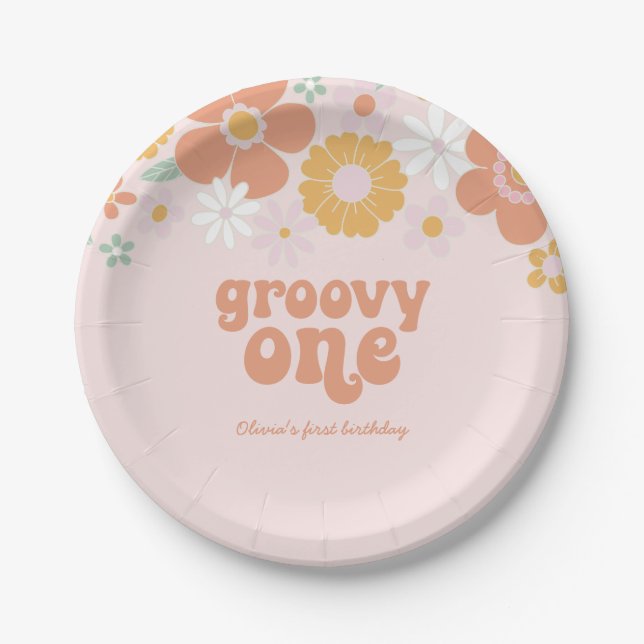 Groovy One Retro Floral first birthday Paper Plate (Front)