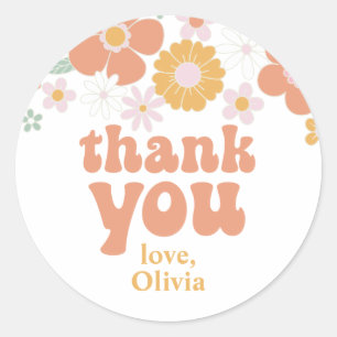 Groovy One Retro Floral thank you favour Classic R Classic Round Sticker