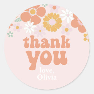 Groovy One Retro Floral thank you favour Classic Round Sticker