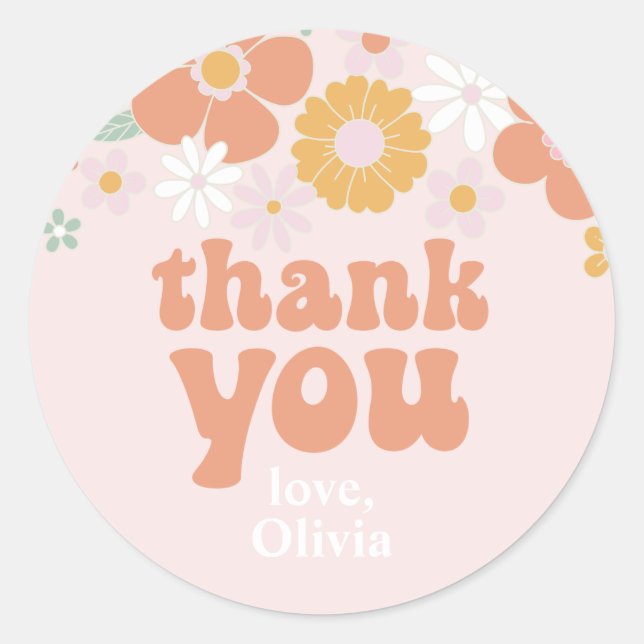 Groovy One Retro Floral thank you favour Classic Round Sticker (Front)
