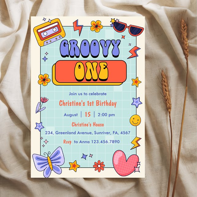 Groovy One Retro Hippie 1st Birthday Party  Invitation (Creator Uploaded)