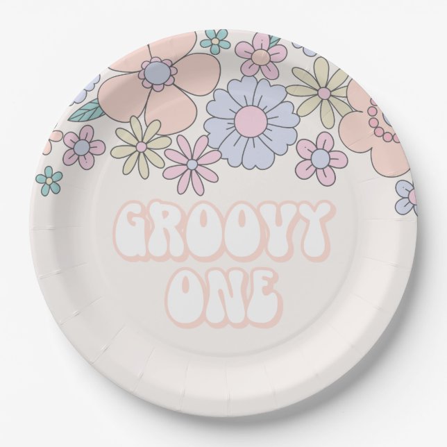 Groovy One Retro pastel Floral 1st birthday Paper Plate (Front)