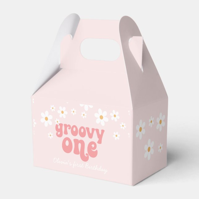 Groovy One Retro Pink Daisy Favour Favour Box (Front Side)