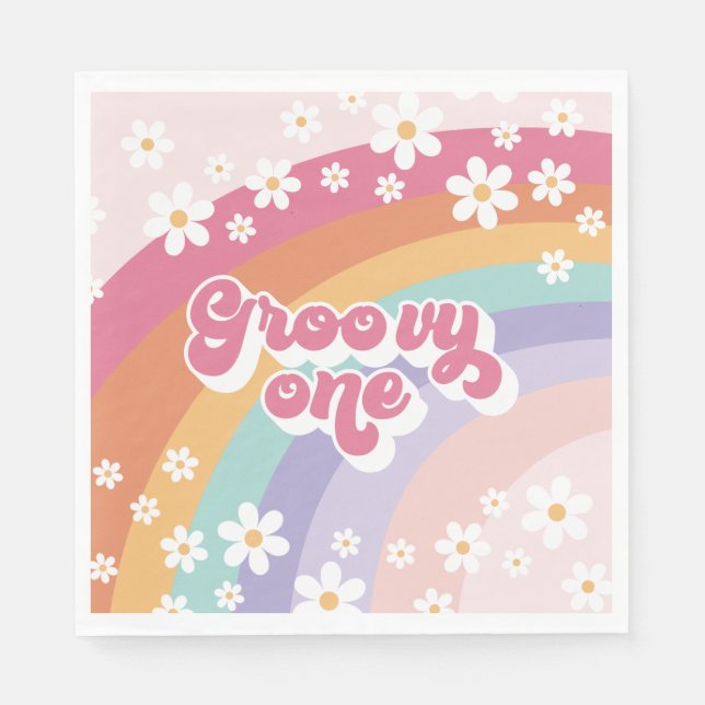 Groovy One Retro Rainbow 1st Birthday Napkin (Front)