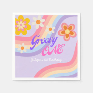 Groovy One Retro Rainbow 1st Birthday  Napkin