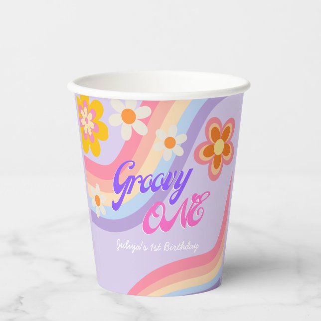 Groovy One Retro Rainbow 1st Birthday  Paper Cups (Front)