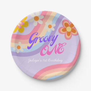 Groovy One Retro Rainbow 1st Birthday  Paper Plate