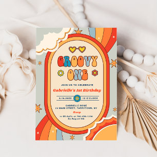 Groovy One Retro Rainbow 1st Birthday Party Invitation