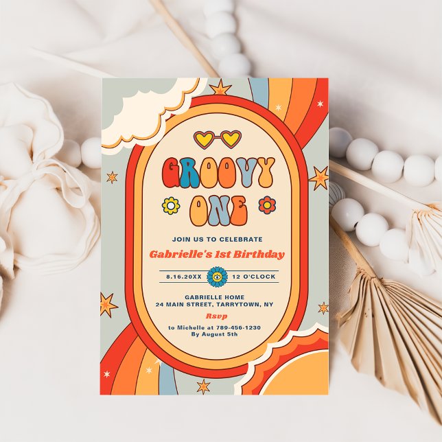 Groovy One Retro Rainbow 1st Birthday Party Invitation (Creator Uploaded)