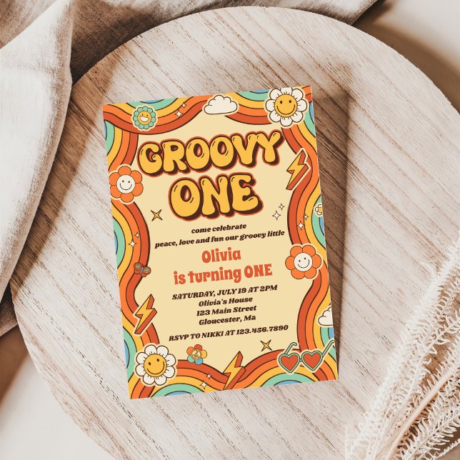 Groovy One Retro Rainbow 1st Birthday Party Invitation (Creator Uploaded)