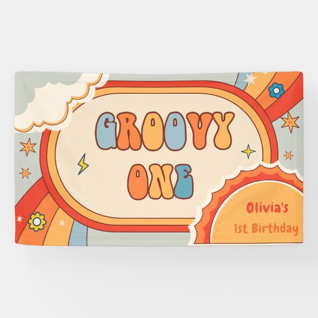 Groovy One Retro Rainbow Birthday Party Banner (Horizontal)