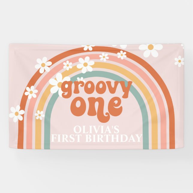 Groovy One Retro Rainbow Daisy Birthday Banner (Horizontal)