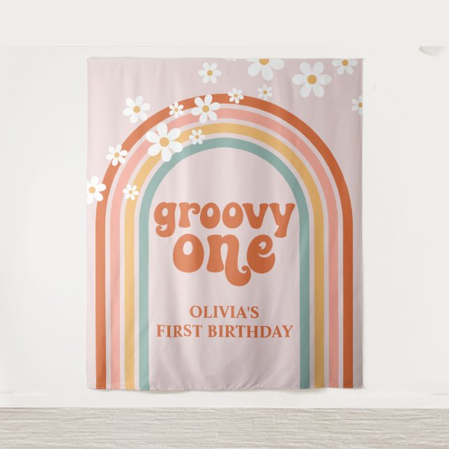 Groovy One Retro Rainbow Daisy Birthday Banner Tapestry (Front)