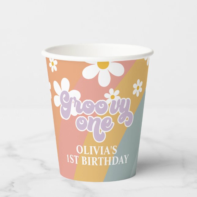 Groovy One Retro Rainbow Paper Cups (Front)