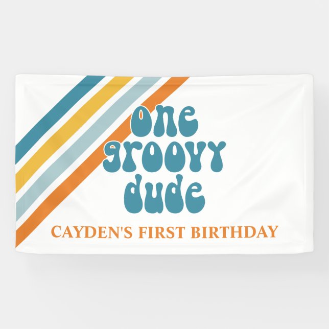Groovy One Retro Stripes Boy birthday Banner (Horizontal)