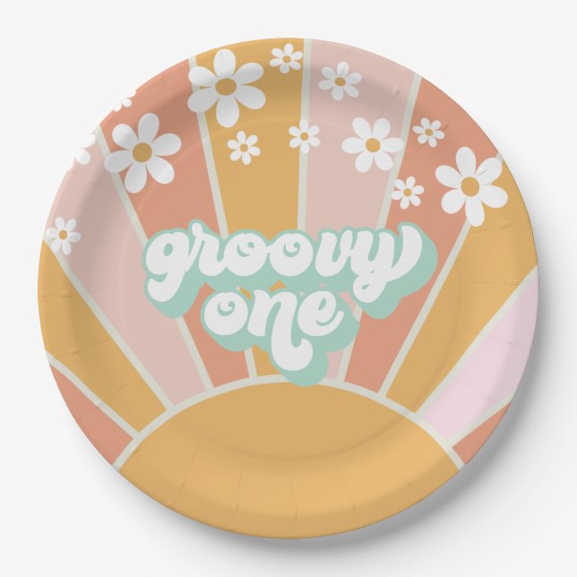 Groovy One Retro Sunshine daisy boho Paper Plate (Front)