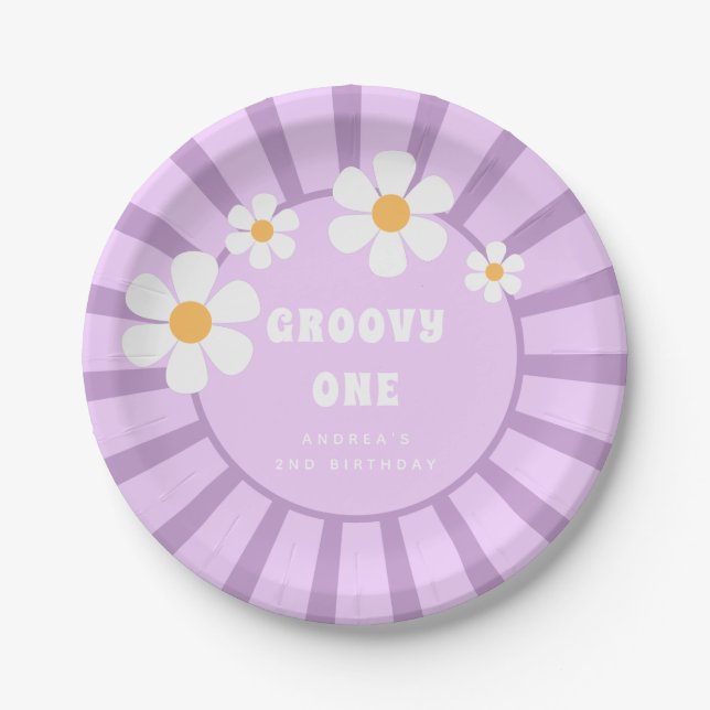 Groovy One Retro Sunshine Girl Second Birthday Paper Plate (Front)