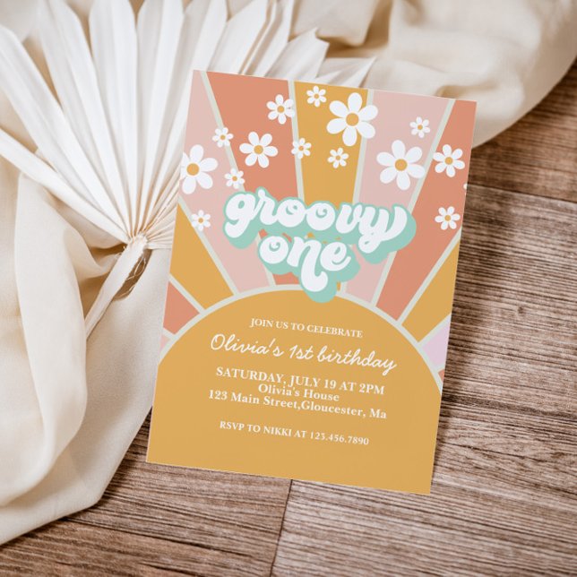 Groovy One Retro Sunshine invitation florale boho  (Créateur téléchargé)
